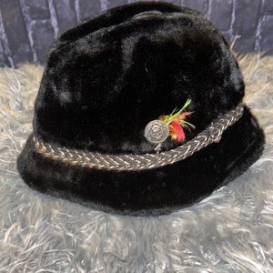 VINTAGE Faux Fur Winter Black Russian German Trapper Hat w/Earmuffs & Feather